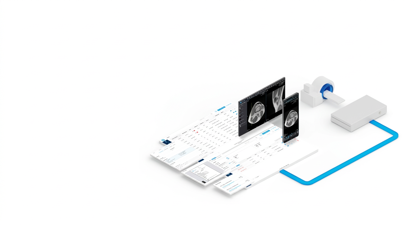 AlemHealth platform showing DICOM viewer, radiology worklist, and hardware devices